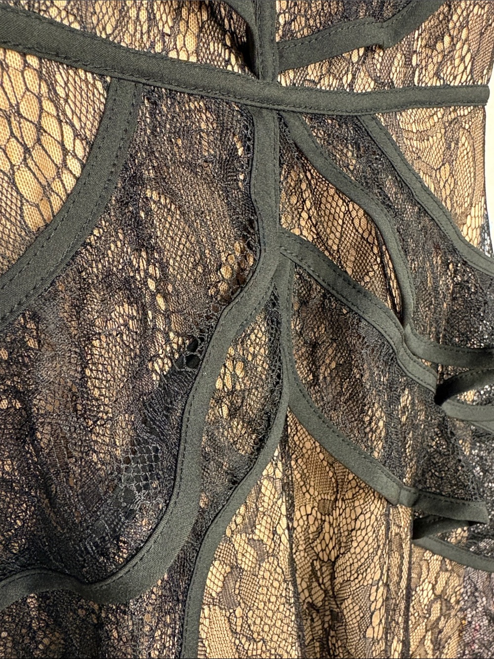 L’Atiste By Amy -Black Lace Mini Dress with Nude Lining - Feminine Ruffle Detail - Picture 4 of 10